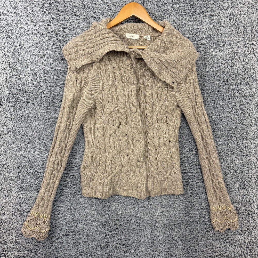 Sleeping On Snow Sweater Womens Medium Beige Wool Cable Knit Cardigan Turtleneck